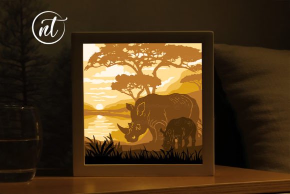Mother and Baby Rhinos Light Box 3D SVG